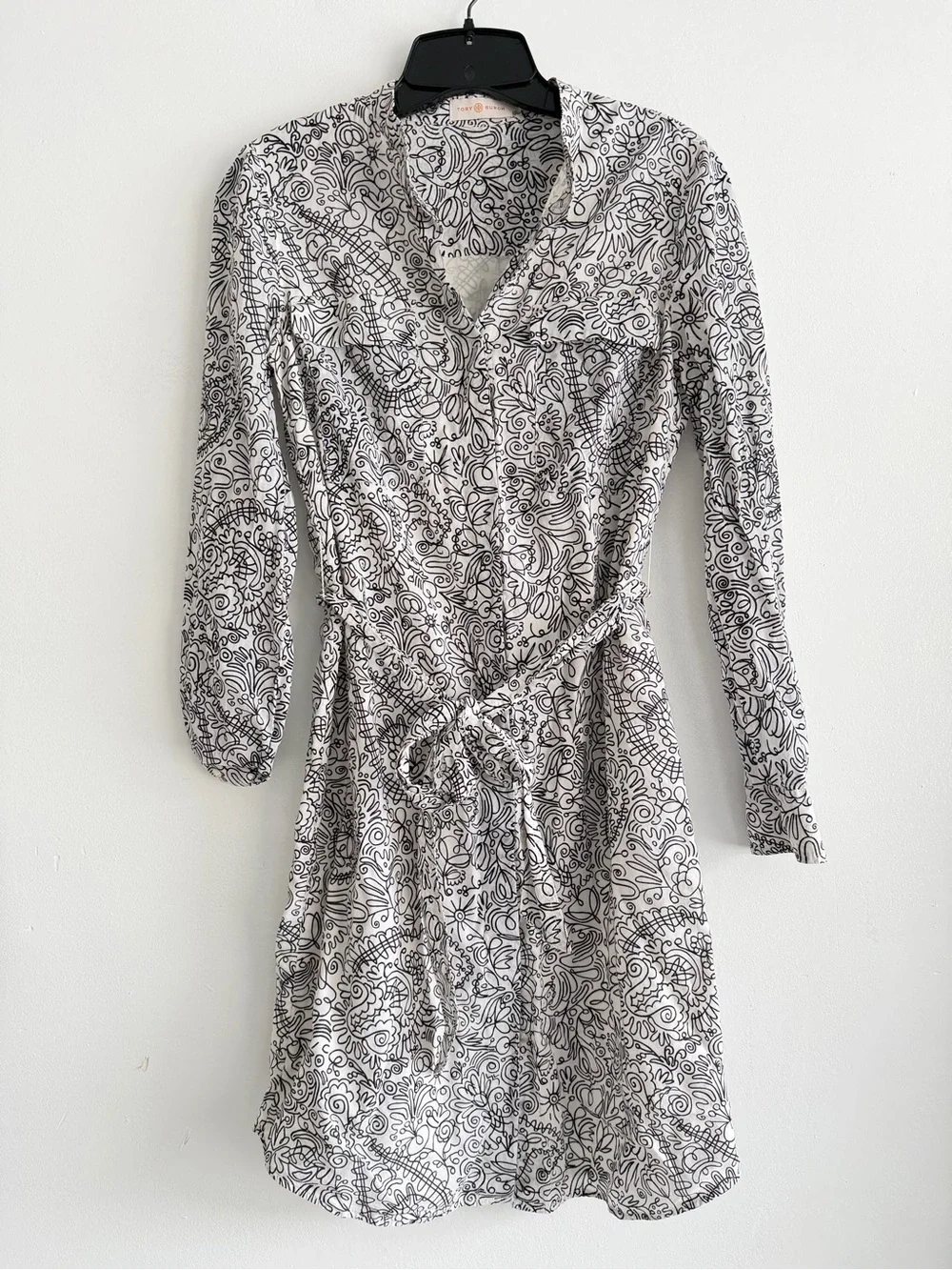 Tory Burch White Black Doodle Print‎ Long Sleeve Shirt Dress Size 4 8616